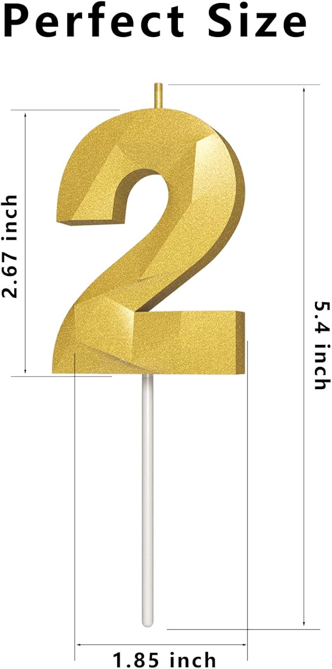 Number Birthday Candles(2 Candle Gold) 3D Diamond Shape Number Happy Birthday Cake Candles for Birthday Party Wedding Decoration Reunions Theme Party