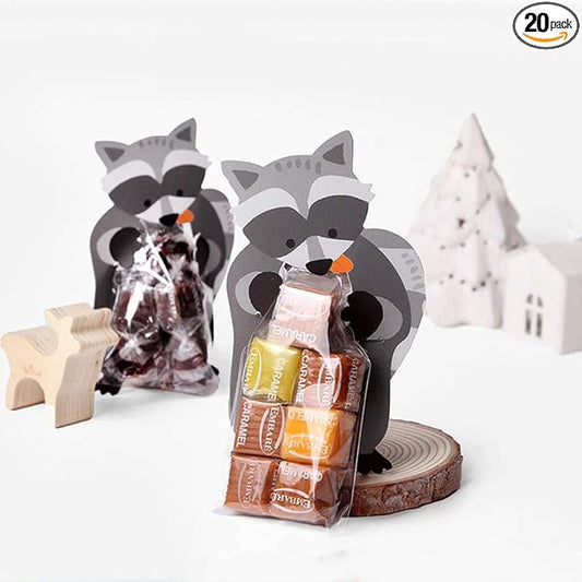 UnnFiko Mini 'Candy' Bags - 20 Pack Paper Party Favor Treat Bags for Cookies, Candy Buffet, Baby Showers - Raccoon Theme, 20-Pack