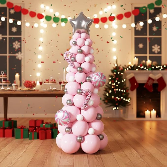 143Pcs Christmas Tree Balloon Arch Garland Kit with Pastel Pink White Metallic Silver Cane Candy Star Balloons for Christmas Party Decoration, Holiday Birthday Supplies, Xmas Garland