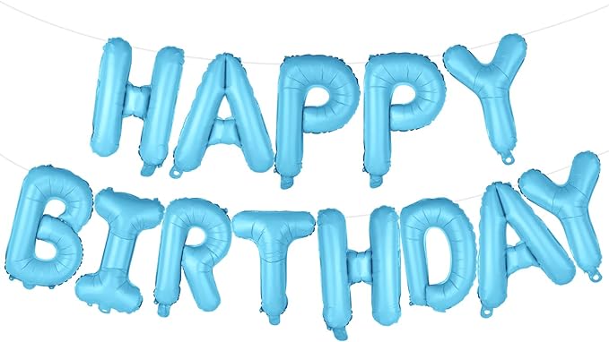 Light Blue Happy Birthday Balloons Banner 16 Inch Mylar Foil Letters