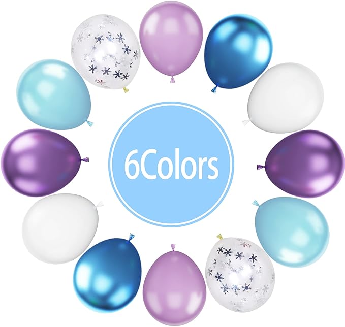 Paready Frozen Balloons, 60 Pcs 12 Inch Purple Blue Balloons White and Snow Confetti Latex Balloons for Girls Frozen Theme Party Supplies Ice Snow Theme Birthday Baby Shower Winter Party Decorations