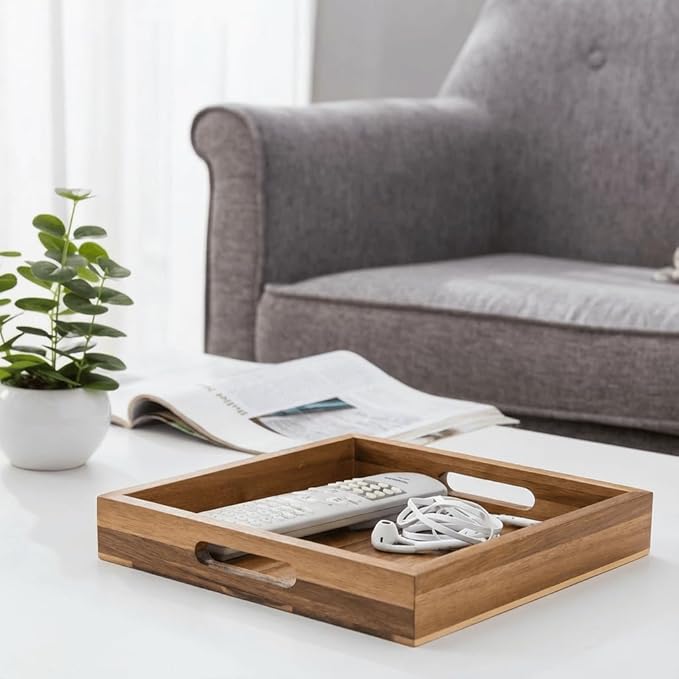 YOUEON Set of 2 Acacia Wood Serving Tray with Handles, 10x10x2 Inch Decorative Serving Trays for Food, Ottoman Tray, Square Coffee Table Trays for Dinner, Coffee, Wine, Appetizer
