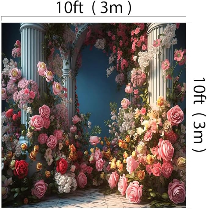 Kate Flowers Roman Column Arch Photo Backdrop Royal Decoration Wedding Reception Birthday Party Fabric Printed Seamless Background 10x10ft