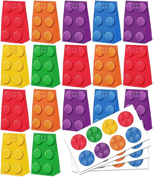 24 Pcs Colorful Building Block Theme Party Favor Bag with Stickers, Building Block Party Decorations Paper Bag Party Goodie Bags For Birthday Party Supplies