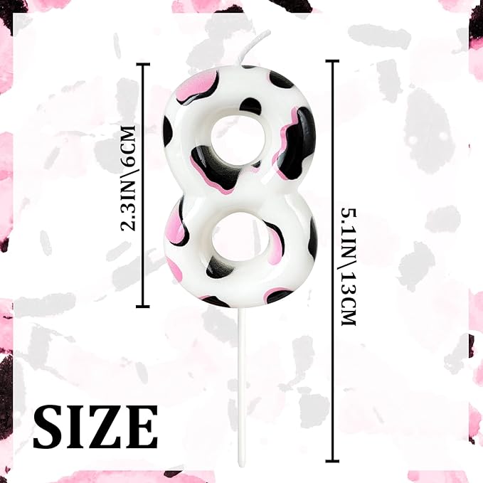 Number 8 Birthday Candle for Cake – Cow Print Design in White Black Pink – Farm Theme & Cowgirl Party Cake Topper Decoration