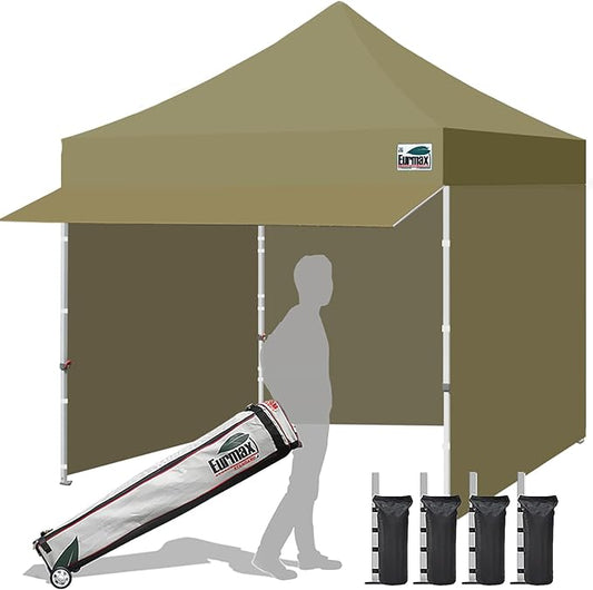 Eurmax USA 10x10 Pop Up Canopy,Commercial Tent with Patented No-Tip Rolling Bag,30sqft Extension Awning & 4 Zippered Removable Walls,UV & Water Resistant,Heavy Duty Instant Shelter Gazebo,Khaki