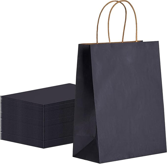 METAPRINT 100 Pack Medium 8x4.5x10.8 Inch Blue Kraft Paper Bag with Handles Bulk, Gift Bags, Craft Grocery Shopping Retail Party Favors Wedding Bags Sacks