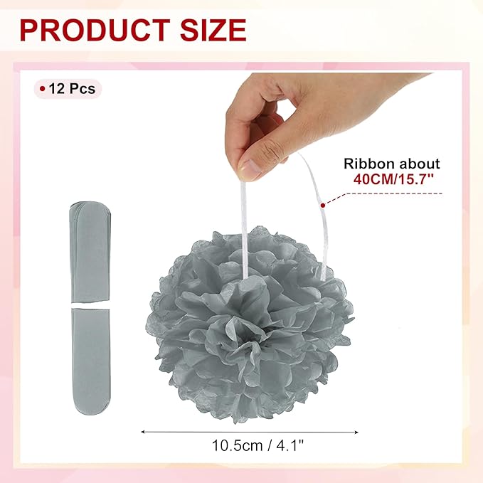 PATIKIL 4inch Tissue Paper Pom Poms, 12PCS Pom Poms Paper Flowers Ball Tissue Paper Flowers for Wedding Bridal Shower Birthday Bachelorette Party Backdrop Decoration, Grey