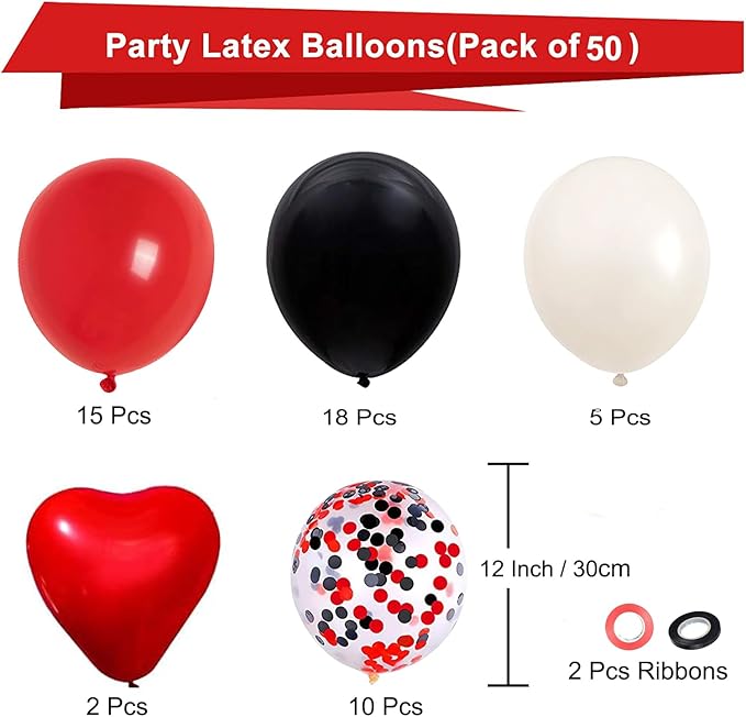 Red and Black Latex Balloons, 50Pcs 12inch Black Red White Party Balloons for Birthday,Wedding,Casino Party, Race Car Party,Graduation Decorations