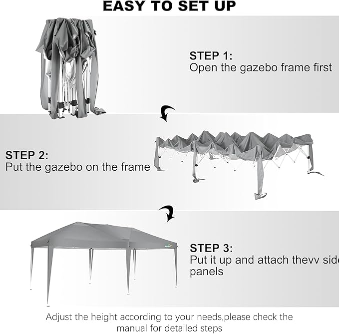 COBIZI 10x20 Pop up Canopy Tent Without Sidewall, Waterproof Portable Outdoor Canopy 10x20 Instant Shelter Tent for Parties, Wedding, Backyard, Carport with Carry Bag & 4 Sandbags(Gray)