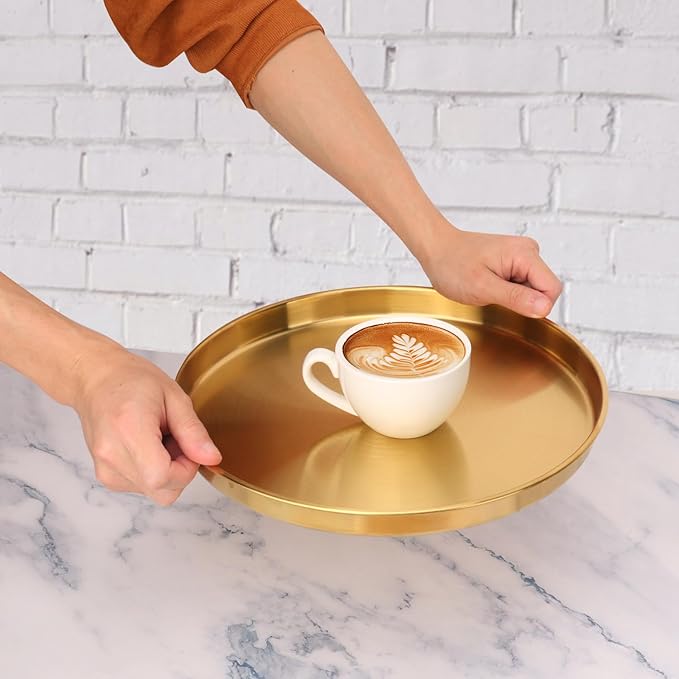 6 Pcs 12 Inch Gold Round Serving Tray, Stainless Steel Decorative Table Trays, Brushed Brass Finish, Multi-Functional for Home, Kitchen, and Vanity