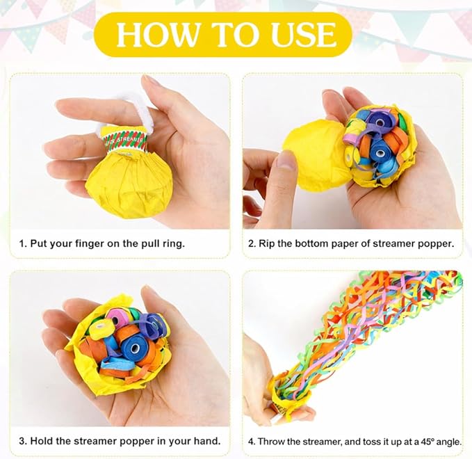 16Pack No Mess Streamers, Yellow Hand Thrown Streamer Poppers, No Mess Confetti Poppers, Party Poppers with Ribbons, Confetti Streamers for Birthday, Wedding, Celebrations, Graduation, Party Favors
