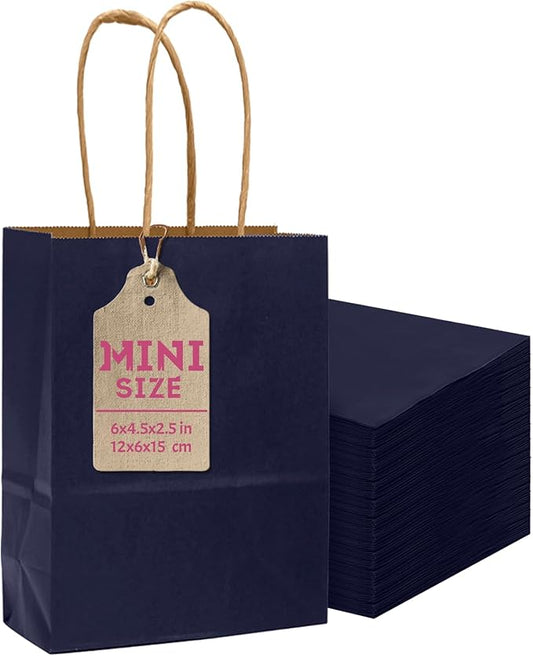 qiqee 24 Pcs Navy Blue Mini Paper Gift Bags with Handles 6"x4.5"x2.5" Small Brown Kraft Party Favor Treat Bags Multiple Uses (Mini size)