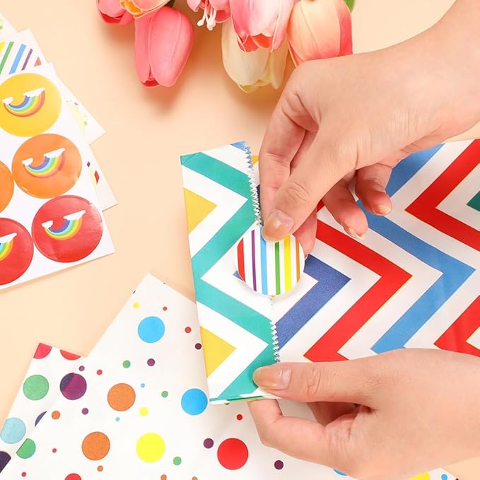 CXWPDD 21 Pack Paper Favor Birthday Bags with 48 Stickers Rainbow Dots and Stripe Party Bags Gift Treat Candy Bags for Baby Shower Wedding Christmas Valentines' Day Christmas 3.54 × 2.36 × 9.45"