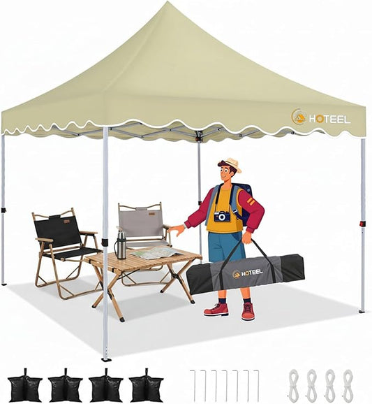 Hoteel 10x10 Pop Up Canopy Tent | One Person Setup Outdoor Shade, UPF 50+ and Waterproof, 210D Oxford Top, 3 Heights Adjustable, 600D Carry Bag for Beach, Events, Commercial Use (Khaki)