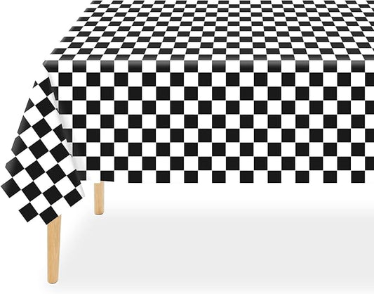 QIKSION Checkered Tablecloth Disposable 2 Pack, 54 x 108 Inch Black and White Checkered Flag Table Cloth for Race Car Decorations, Birthday Party Supplies, Rectangle, Plastic Table Cover