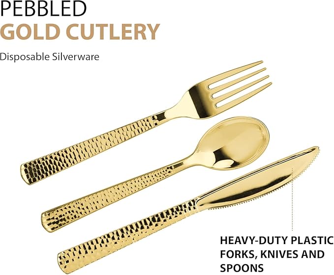 960 Piece Gold Plastic Silverware, Extra Heavyweight Disposable Cutlery Set, Full Size Gold Pebbled Flatware Combo, 480 Forks 240 Spoons 240 Knives, Bulk Party & Wedding Utensils