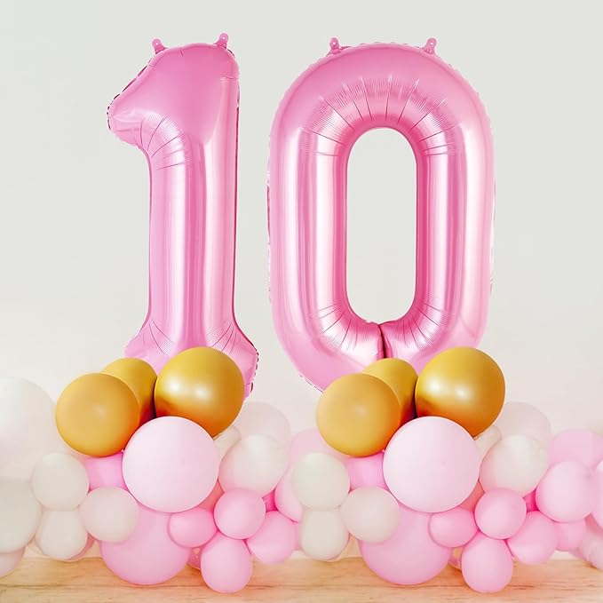 Pink Number 10 Balloon, 40 Inch Big Large Foil Helium Number Balloons, Giant Mylar Number 10 Balloons for 10 Years Old Birthday Party Decorations Supplies Anniversary