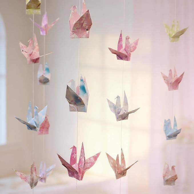 Pink Cherry Blossom Crane Paper Hanging Garland(3stringsX 5.2ft), Japanese Origami Bird Streamers, Sakura Flower for Bridal Shower, Baby Shower Birthday Party Supplies. Garden Ceiling Decor