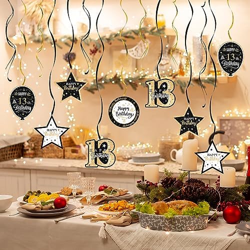 Happy 13th Birthday Black & Gold Glitter Swirls Streamers Party Decorations - 15 Pcs 13th Birthday Hanging Swirls Streamers Kit,Cheers to Thirteen Years Old Bday Party Sign.