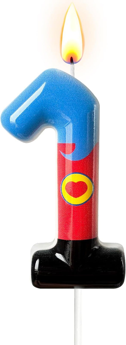 Birthday Candle for Cake – Red Blue Cartoon Hero Style with Heart Design – Cute Cake Topper for Birthday Party Decoration