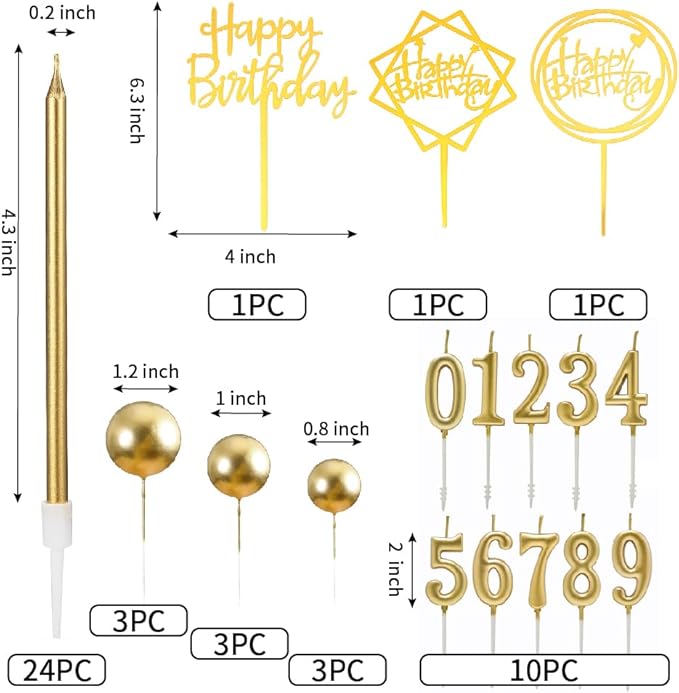 PHD CAKE 46 Pcs Gold Birthday Candles, 10 Cake Number Candles, 9 Ball Cake Toppers, 3 Birthday Cake Toppers, Party Celebration