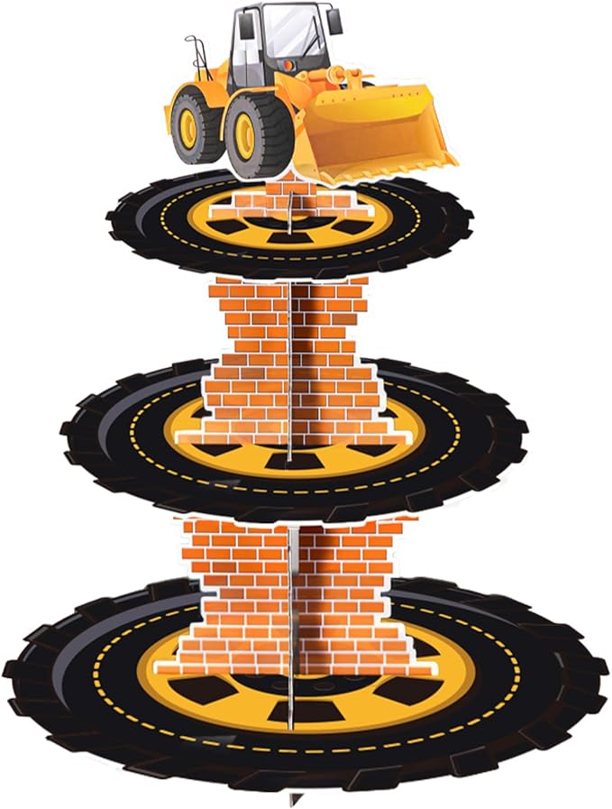 Construction 3-Tier Cardboard Cupcake Stand Dessert Display Tower Holder for Construction Birthday Party Supplies