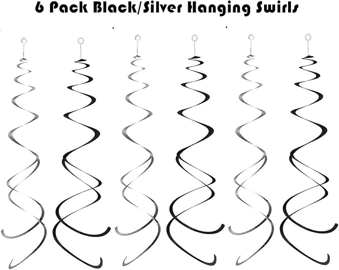 Black Happy Birthday Banner Decoration Kit, Glittery Banner Circle Dots Garland with Black Silver Hanging Swirls for Birthday Baby Shower Party Decorations Supplies, Pre-Strung