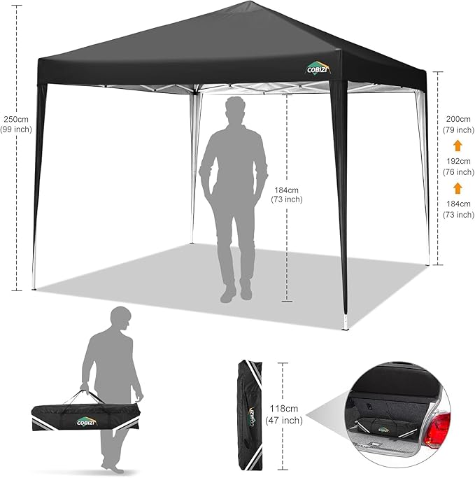 COBIZI 10x10 Ez Pop Up Canopy Tent, UPF 50+ Waterproof Outdoor Canopy, Instant Portable Camping Canopies Gazebo for Commercial Sun Shade Party Backyard with 4 Sandbags(Black)
