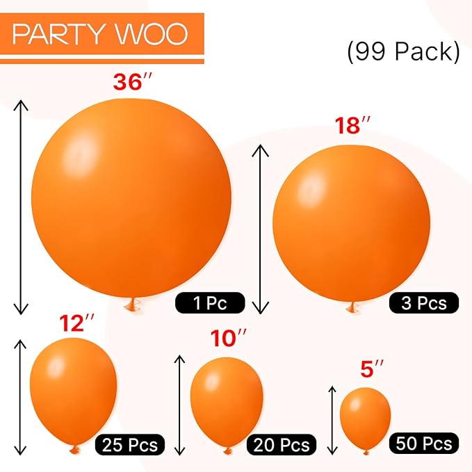 PartyWoo Orange Balloons 99pcs Different Sizes of 36 18 12 10 5 Inch Matte Fall Balloon Arch Kit Garland for Thanksgiving Halloween Little Cutie Baby Shower Birthday Party Decorations Orange-Y9