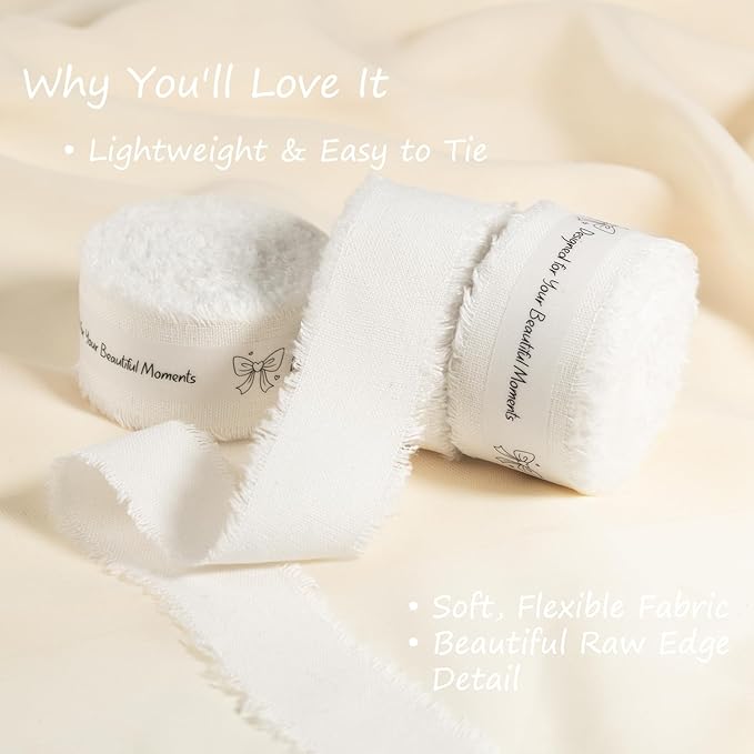 White Cotton Ribbon 1 Inch White 3 Rolls 21 Yards Frayed Edge Fabric Set for Wedding Invitations, Bridal Bouquet Wrap, Baby Shower, Christening & Gift Wrapping