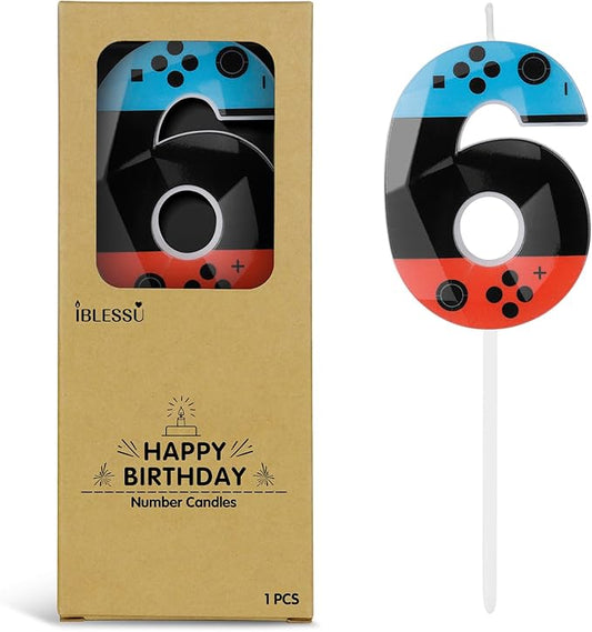 Number 6 Level Birthday Candles, 2.68 inch Gamer Candles, Red Blue Birthday Candles, Game Controller Gamepad Candles,Video Game Controller Themed Kids Boy Bday Party Supplies