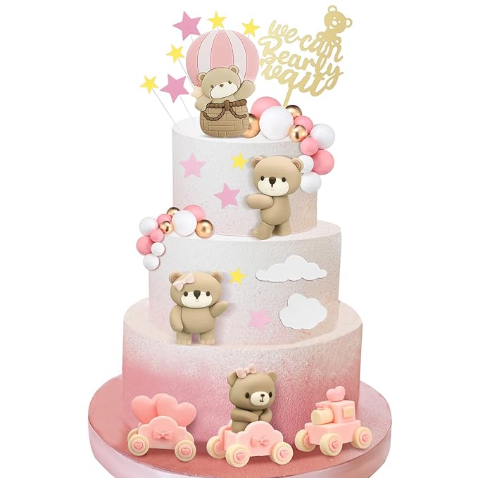 Yinder Bear Cake Toppers Mini Bear Cake Decorations Cake Toppers Gold White Pearl Ball for Birthday Party Decorations(Pink, Brown,Vivid Style)
