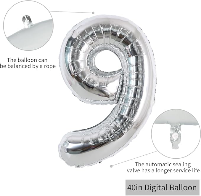 TONIFUL 40 Inch Silver Large Numbers Balloons 0-9, Number 9 Digital 9 Helium Foil Mylar Big Number Balloons for 2026 Graduation New Year Eve Birthday Party Anniversary Supplies Decorations