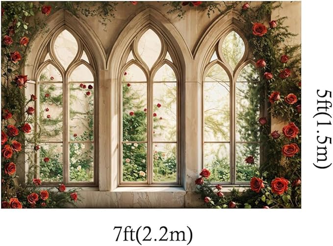 Kate 7x5ft Gothic Window Red Rose Backdrop Vintage Floral Castle Arched Window Photo Background for Wedding Bridal Shower Birthday Party Photoshoot Decor