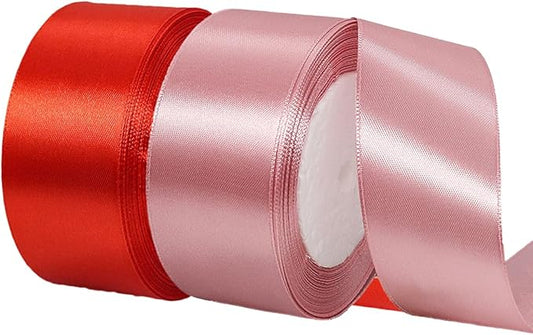 2 Rolls Red Rose Gold Ribbon, 1-1/2 Inch x 50 Yards Satin Red Fabric Ribbon for Flower Bouquets, Gift Wrapping, DIY Crafts, Birthday Cakes, Holiday, Wedding Party and Mother’s Day Decorations