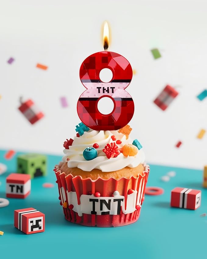 Number 8 Red Pixel Birthday Candle, TNT Themed Birthday Candles for Cake, 2.73 Inch Green Miner Number Candles, Game Themed Candle Birthday Decoration, Red Birthday Cake Topper for Boys Girls Party