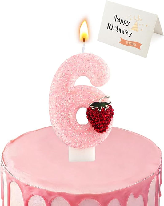 Birthday Candles for Cake, Pink Number Candles, Cake Candles with Greeting Card for Birthday Party Wedding Anniversary Celebrations (Strawberry 6 Candle)