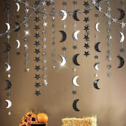 Cheerland Black Silver Moon Garland Twilight Birthday Decoration Star Streamer Gothic Party Decor Garland Ramadan Eid Mubarak Glitter Banner Celestial Wedding Baby Shower Halloween Summerween Decor