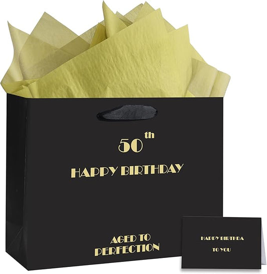 OIIVPOK 50th Birthday Gift Bag, Black Gold 50th Birthday Bag with Tissue Paper and Greeting Card, Happy Bithday Gift Bags for Men Women, 12.6" Medium Gift Bags (50th)