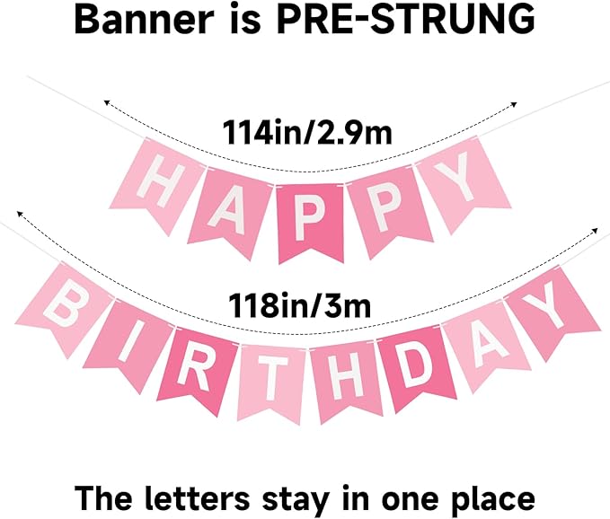 Happy Birthday Banner Birthday Party Banner NO DIY Happy Birthday Sign Pre-Strung Birthday Hanging Decoration for Women Men Girl Boy Party Supplies (Pink)