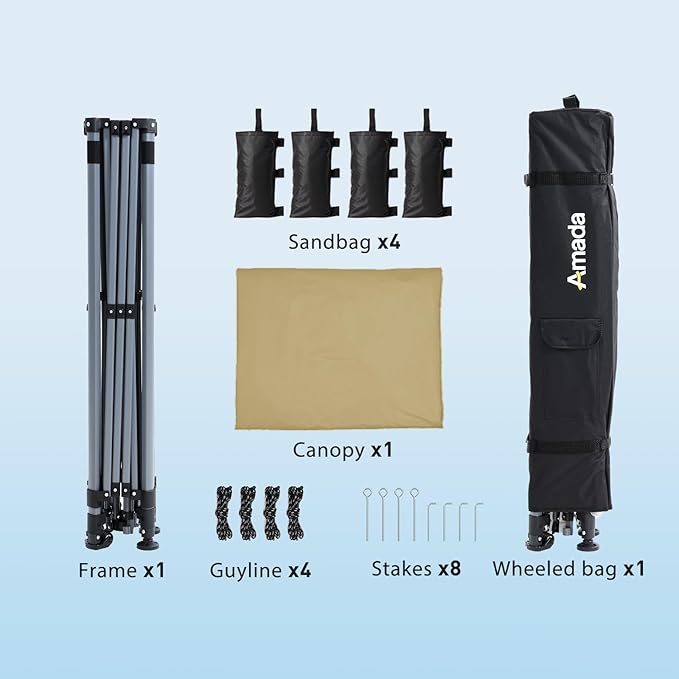 Amada 10x10 Pop Up Canopy - Center Lock One Push Instant Setup Wheeled Gazebo Outdoor Canopy Beach Tent with STO-N-Go Bag 8 Stakes & 4 Sand Bags, 3-Height Adjustable Shade Shelter (10x10ft, Khaki)