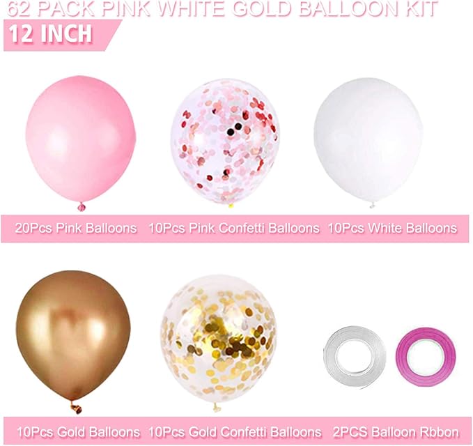 OuMuaMua 60Pcs Pink Gold Confetti Latex Balloons Kit, 12 Inch Pink White Gold Helium Mother's Day Balloons Party Supplies for Confession Proposal Wedding Girl Birthday Baby Shower Party Decoration