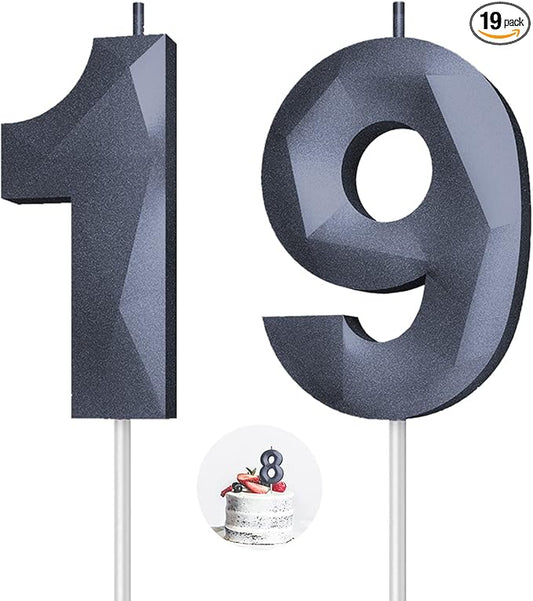 Number Birthday Candles(19 Candle Black) 3D Diamond Shape 19th Happy Birthday Cake Topper Decorations for Boy Men Birthday Wedding Anniversary Celebration Theme Party Supplies