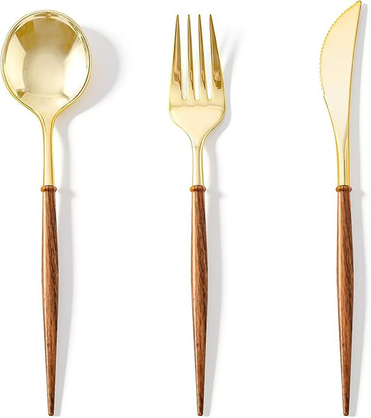 N9R 180Pcs Gold Plastic Silverware Heavy Duty, Elegant Disposable Silverware with Wood Grain Handle, Include 60 Forks, 60 Spoons, 60 Knives, Perfect for Wedding, Party,Christmas