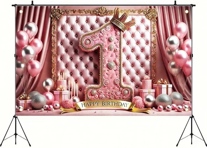 Pink First Birthday Party Banner 71x43 Inch, Elegant "1" Design with Velvet Curtains and Gold Balloons, Ideal for Cake Smash and Birthday Party Decorations