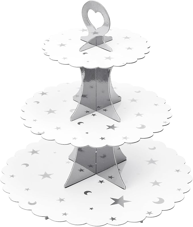 Soleebee 3-Tier Cupcake Stand, Cardboard Cupcake Tower, Dessert Cup Cake Stand Tower for Birthday Wedding Party Decoration, Cupcake Tier Stand 1 Set (Silver Moon and Star)