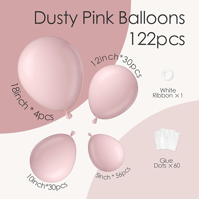 120pcs Dusty Pink Balloons, 18 12 10 5 inch Pastel Pale Lihgt Pink Balloons Different Sizes Dusty Rose Balloon Arch Kit for Boho Bachelorette Baby Shower Birthday Party Decorations