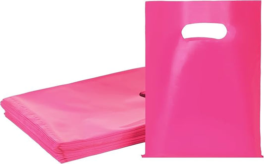 Hot Pink 100 PCS Small Gift Bags, 6"x8" Goodie Party Favor Bags with Handle, Treat Retail Pouches for Kids Birthday, Christmas, Small Business