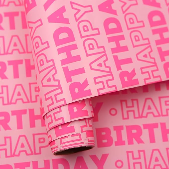 Pink Birthday Wrapping Paper Roll for Girls Kids Women, Pink Happy Birthday Wrapping Paper with Cut Lines on Reverse - 1 Mini Roll 17 X 10 ft Per Roll - Gift Wrap for Birthdays, Holiday, Party